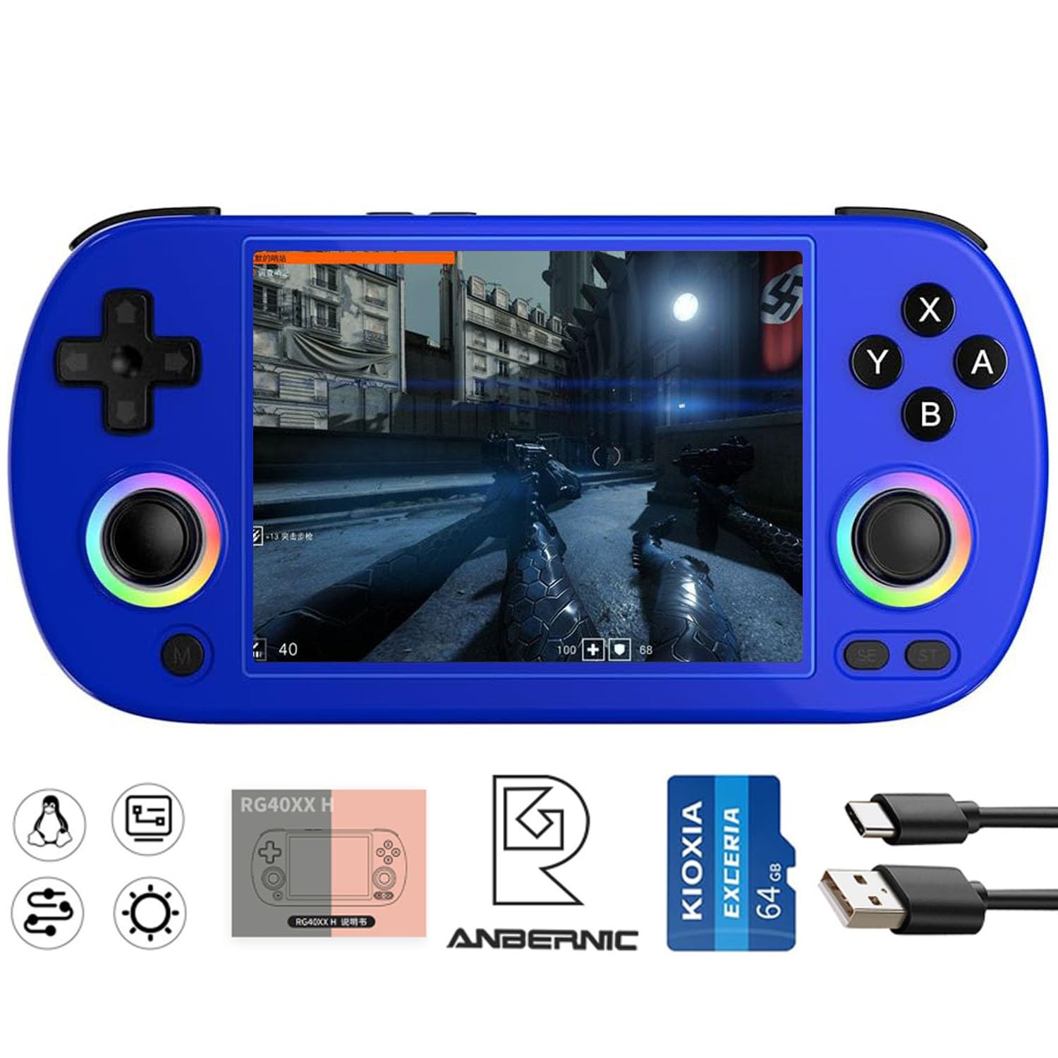 ANBERNIC RG40XX H Retro Gaming Console with 4.0'' IPS Screen, 64GB TF Card, Linux 64-bit System, Supports 5G WiFi, Bluetooth, HDMI and TV Output RG40XX H Blue-NEW