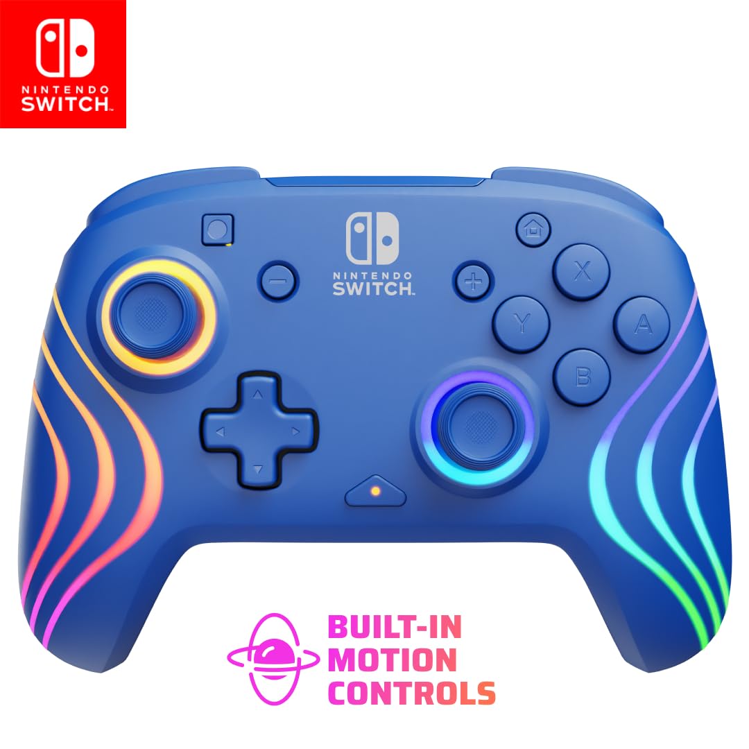 Gaming Afterglow Wave Wireless Nintendo Switch Pro Controller - Officially Licensed, Nintendo Switch 2, Switch Lite/OLED, RGB LED Customization, App Controls, Rechargeable Battery Power - Blue Full Motion Wireless Blue