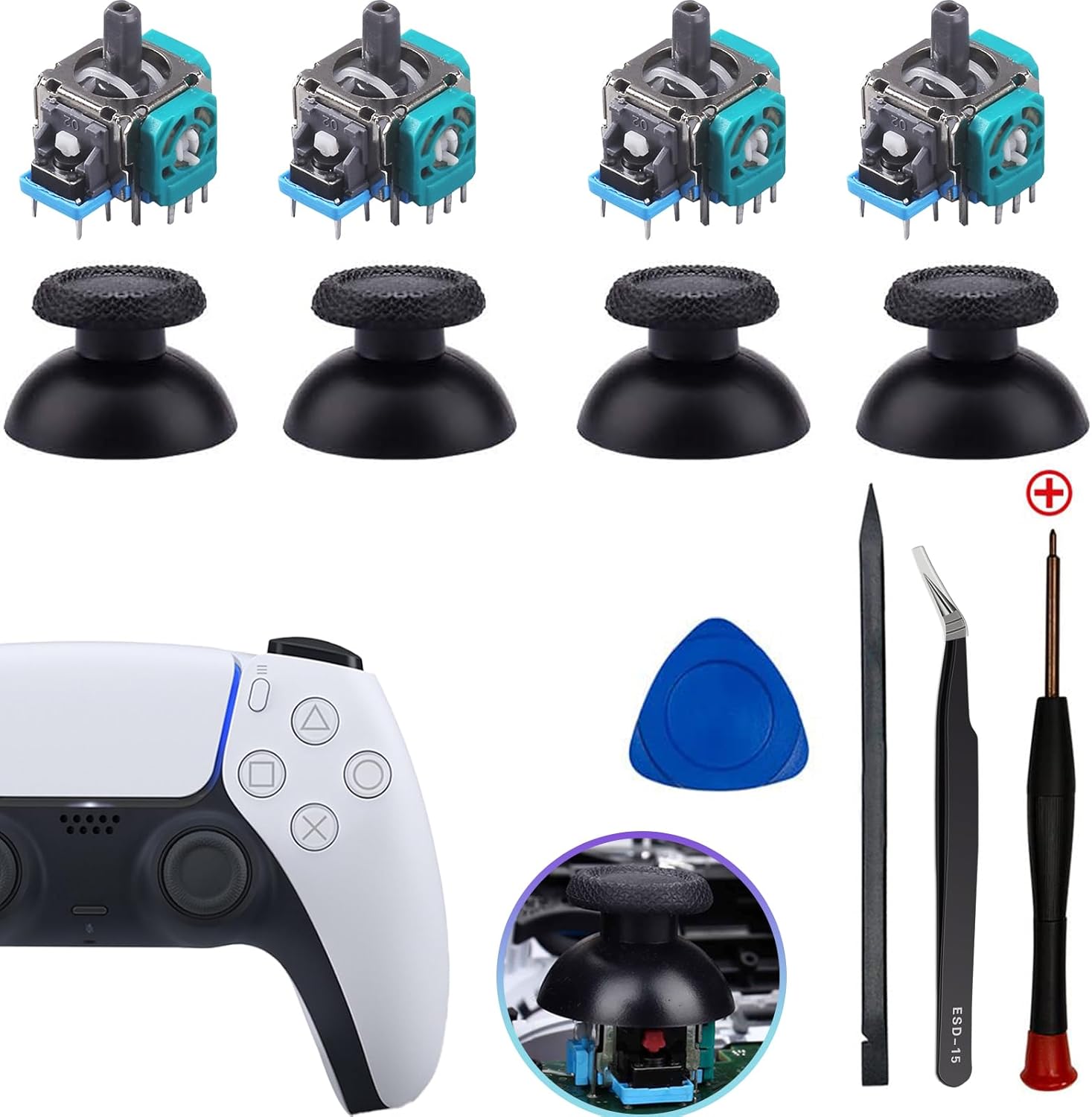 Ps5 Joystick Replacement for Sony Playstation 5 Ps5 Controller Repair Kit for Ps5 Analog Stick Replacement 3D Sensor Module Joystick for Dualsense Ps5 Controllerjoystick Replacement Accessory (4 Pack) Green-4 joystick 4 cap