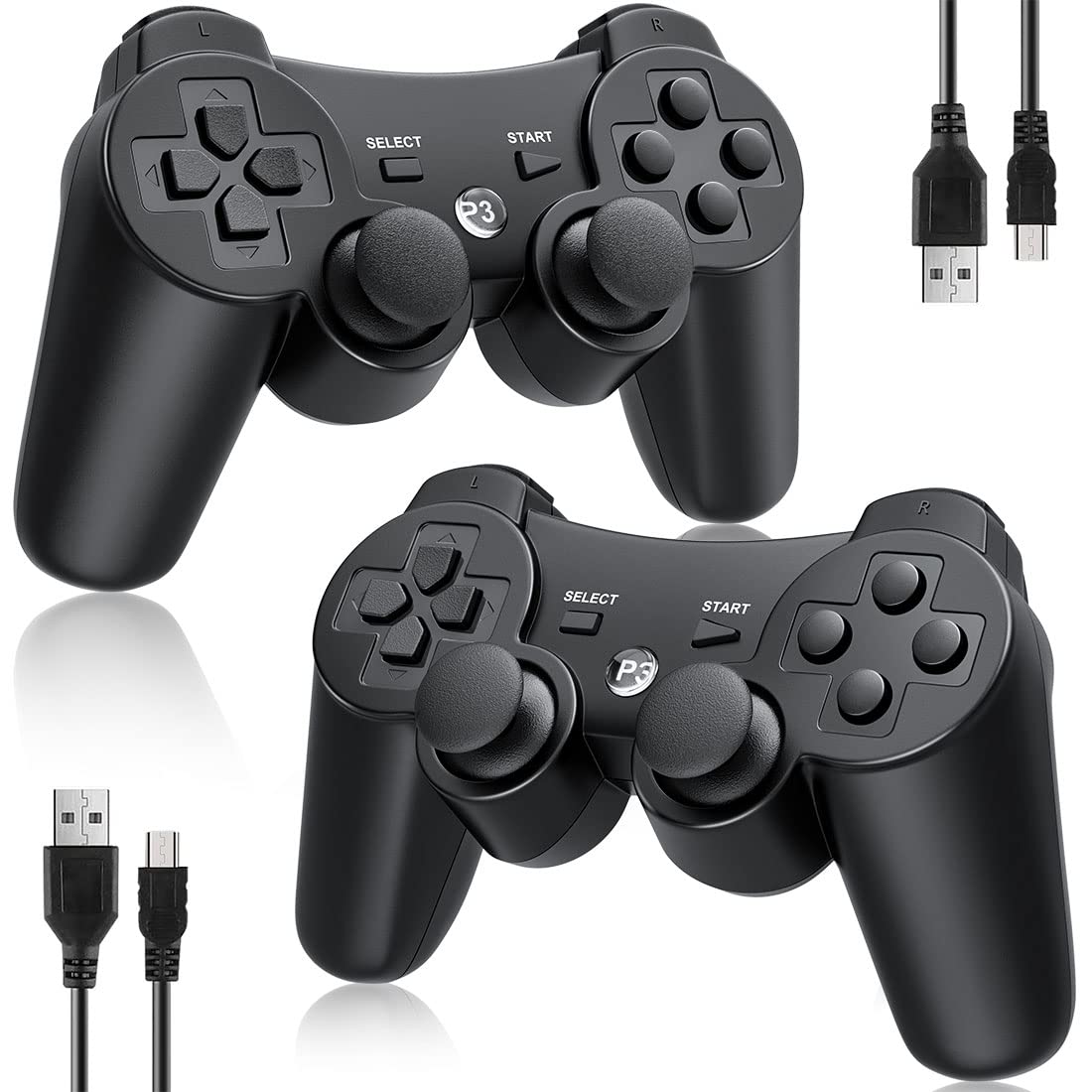 Controller 2 Pack for PS3 Wireless Controller for Sony Playstation 3, Double Shock 3, Bluetooth, Rechargeable, Motion Sensor, Remote for PS3 (No Stripes(Black + Black))
