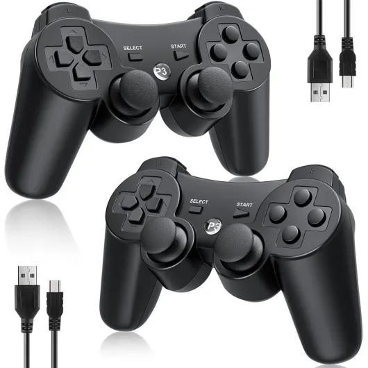 Controller 2 Pack for PS3 Wireless Controller for Sony Playstation 3, Double Shock 3, Bluetooth, Rechargeable, Motion Sensor, Remote for PS3 (No Stripes(Black + Black))