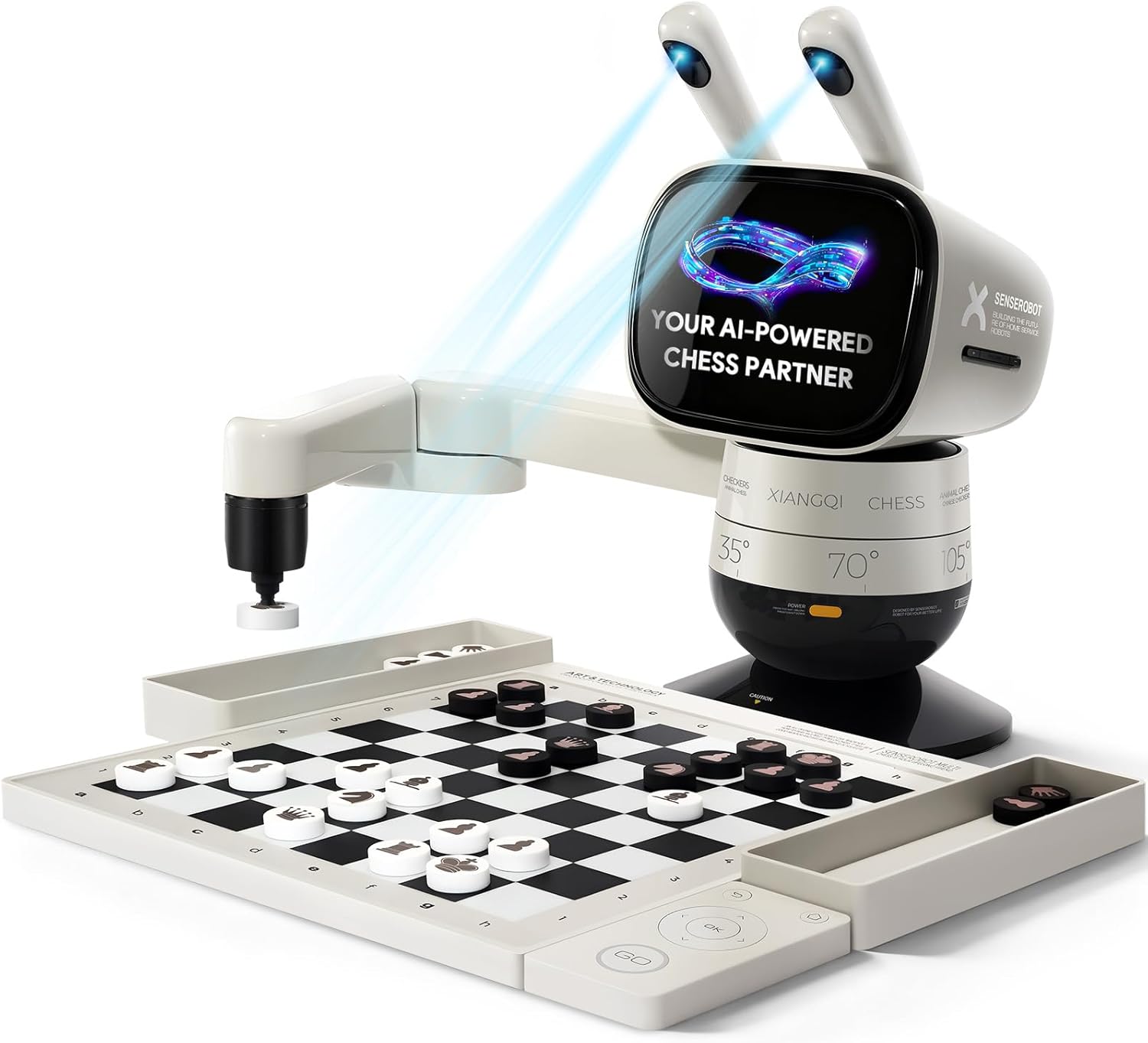 SenseRobot Lite — AI Robotic Chess & International Draughts (10×10) Set - 25 Chess Levels (Elo 200–2900), Epic Duel Elo 3200, Voice Guidance, Screen-Free Play, 1,200+ Lessons, Cloud & OTA Pollux-Chess & Draughts