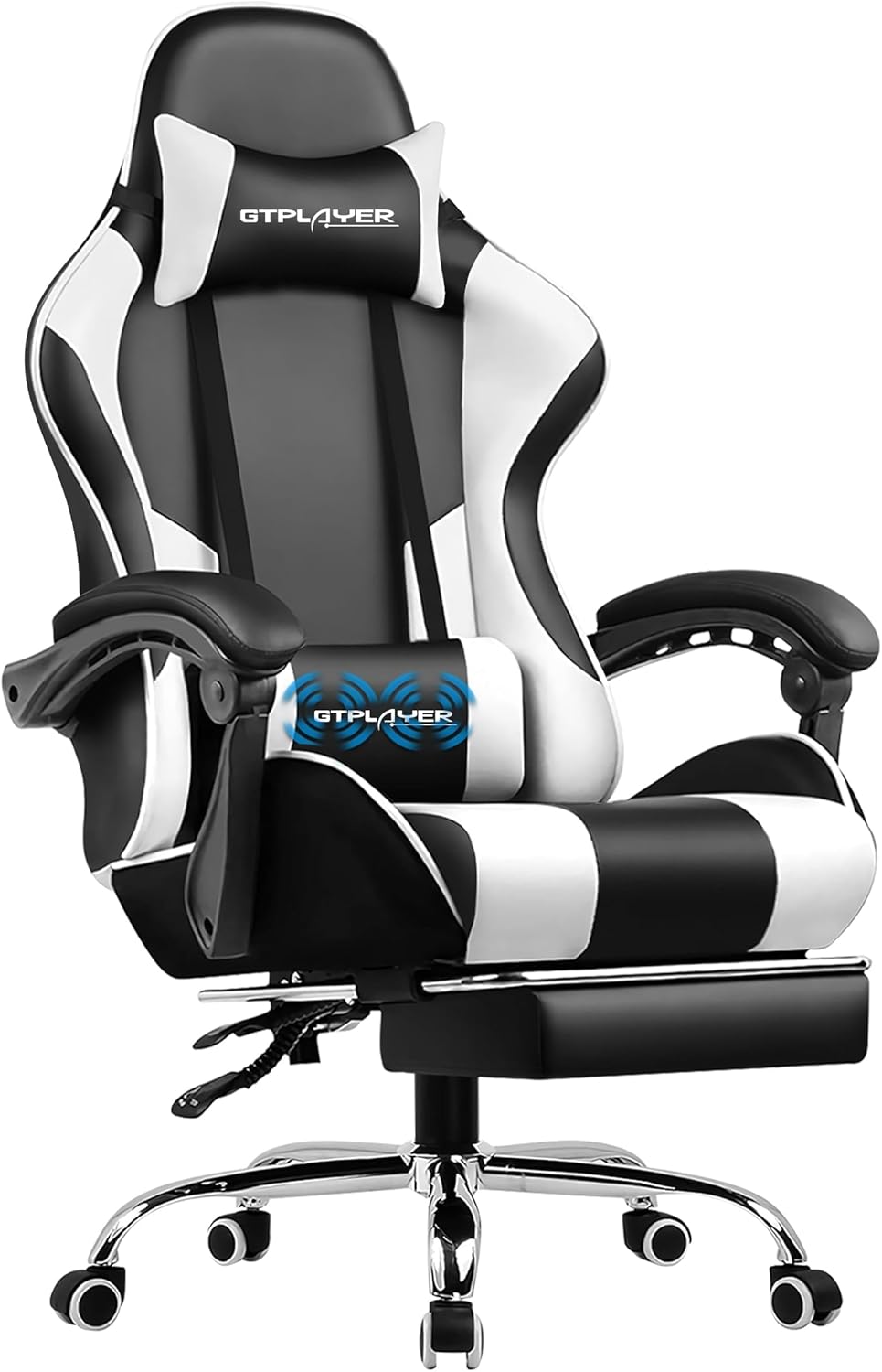 Gaming Chair, Computer Chair with Footrest and Lumbar Support, Height Adjustable Game Chair with 360°-Swivel Seat and Headrest and for Office or Gaming (Snow White) Snow White Faux Leather