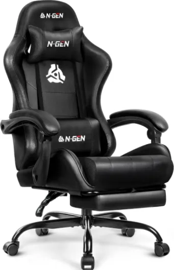 N-GEN GAMING Video Gaming Chair with Footrest Lumbar Support for Home Office High Back Recliner Height Adjustable Ergonomic Comfy Leather Computer Desk Chair (Black) Black Leather