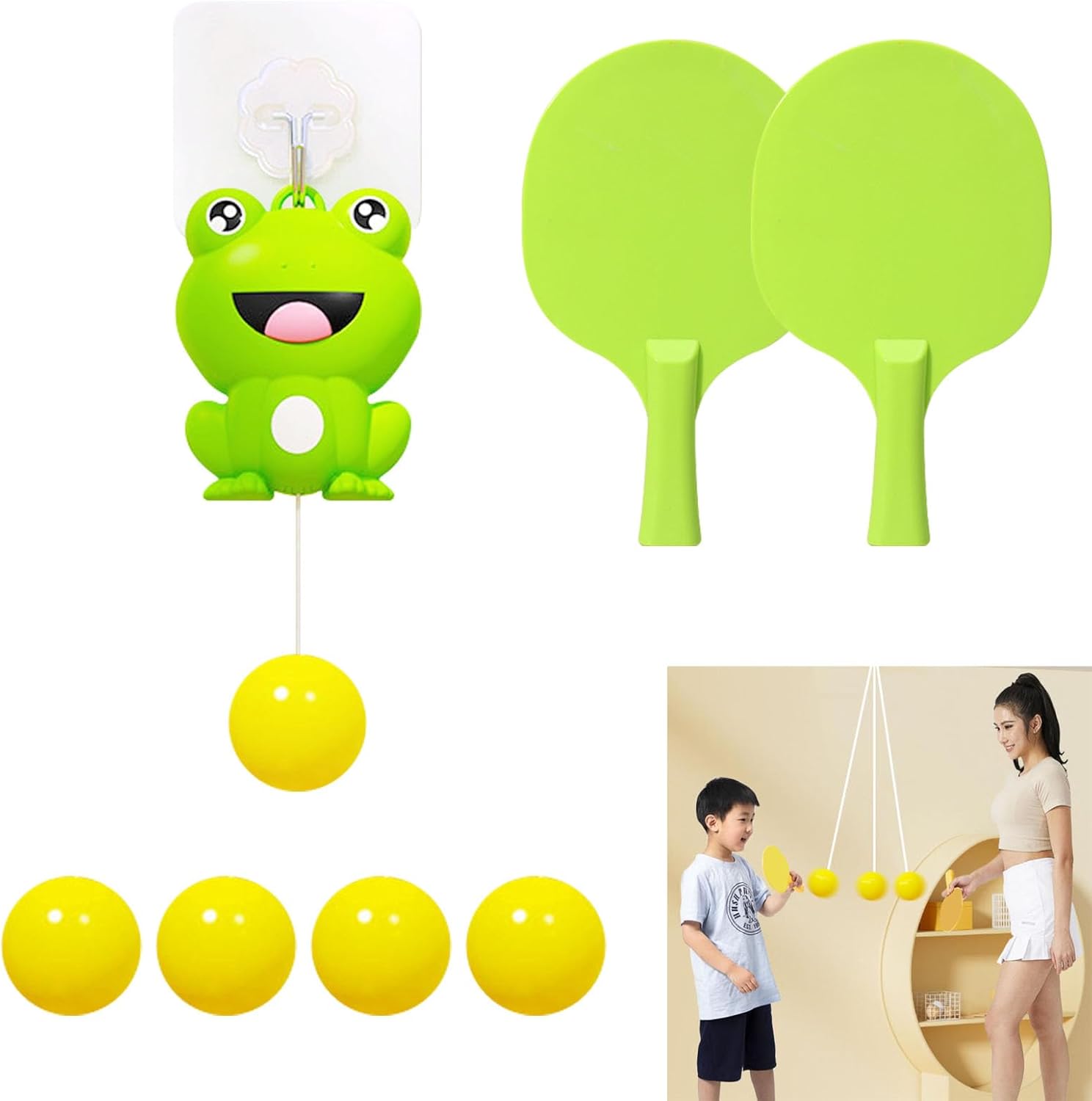 Hanging Table Tennis Trainer Portable Set, Door Pong Game for Kids with Racket and Balls, Adjustable Hanging Table Tennis Trainer Frog