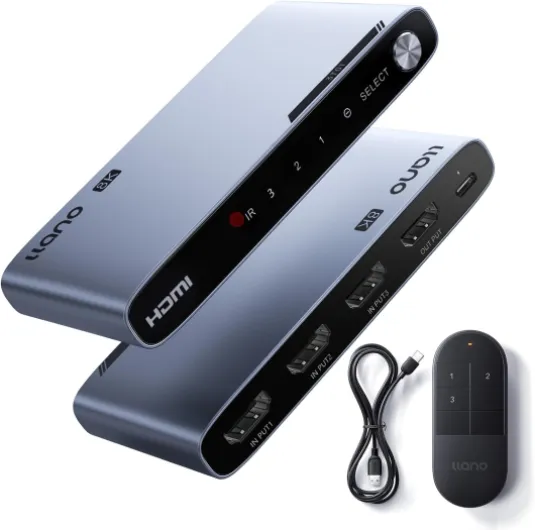 HDMI 2.1 Switch 3 in 1 Out, 8K@60Hz with Remote, 4K@120Hz/240Hz, VRR, HDR10+, Dolby Atmos, CEC, 48Gbps,HDMI Switcher for PS5, Xbox, Switch, Roku, Fire Stick, Apple TV, Aluminum Alloy Case