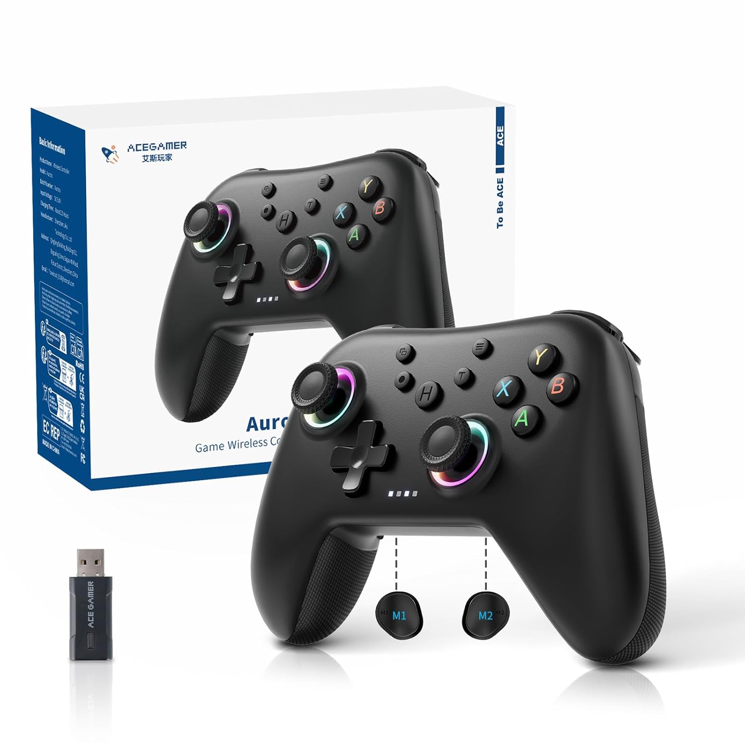 Aurora II 2.4G Wireless Bluetooth Controller for PC/Android/Switch/iOS/Switch 2/Steam Deck with Rotary Motors, RGB Hall Effect Joysticks - Upgraded PC Gaming Controller and Back Buttons Lock Midnight Black