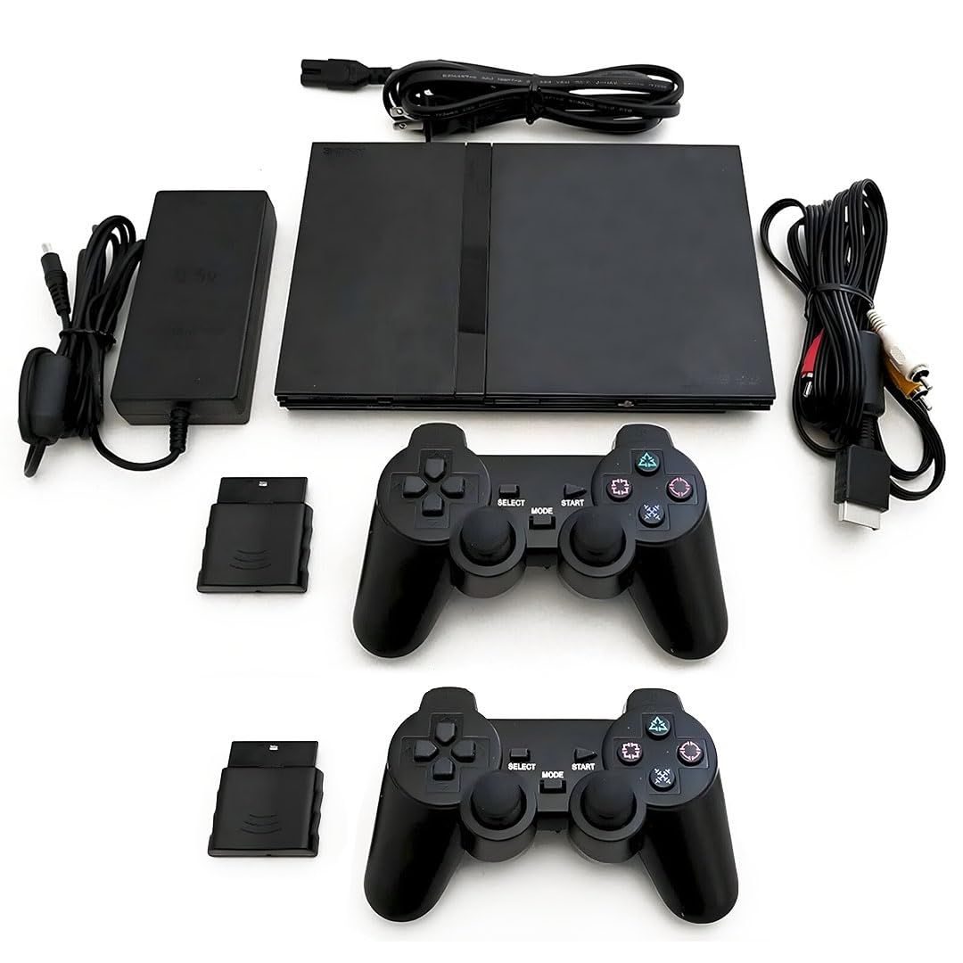 Zeust PlayStation 2 Gaming System Bundle - Includes PS2 Console Slim & 2 Wireless Controllers - PlayStation 2 Console Like New - PS2 Video Game Console Black (Renewed)