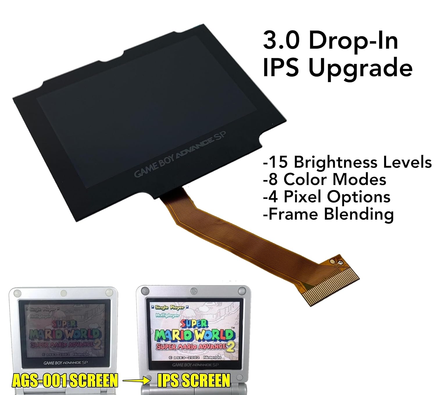 Game Boy Advance SP Drop-In 3.0 IPS Backlight LCD Upgrade Kit For AGS 001 & 101 Gameboy NO SOLDER/NO TRIMMING (Black)