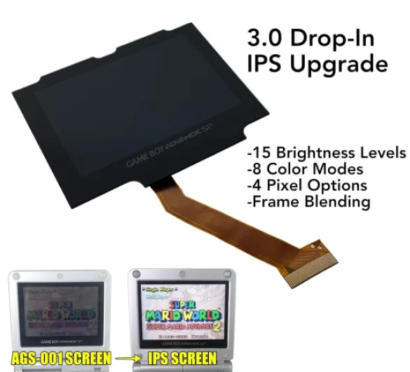 Game Boy Advance SP Drop-In 3.0 IPS Backlight LCD Upgrade Kit For AGS 001 & 101 Gameboy NO SOLDER/NO TRIMMING (Black)