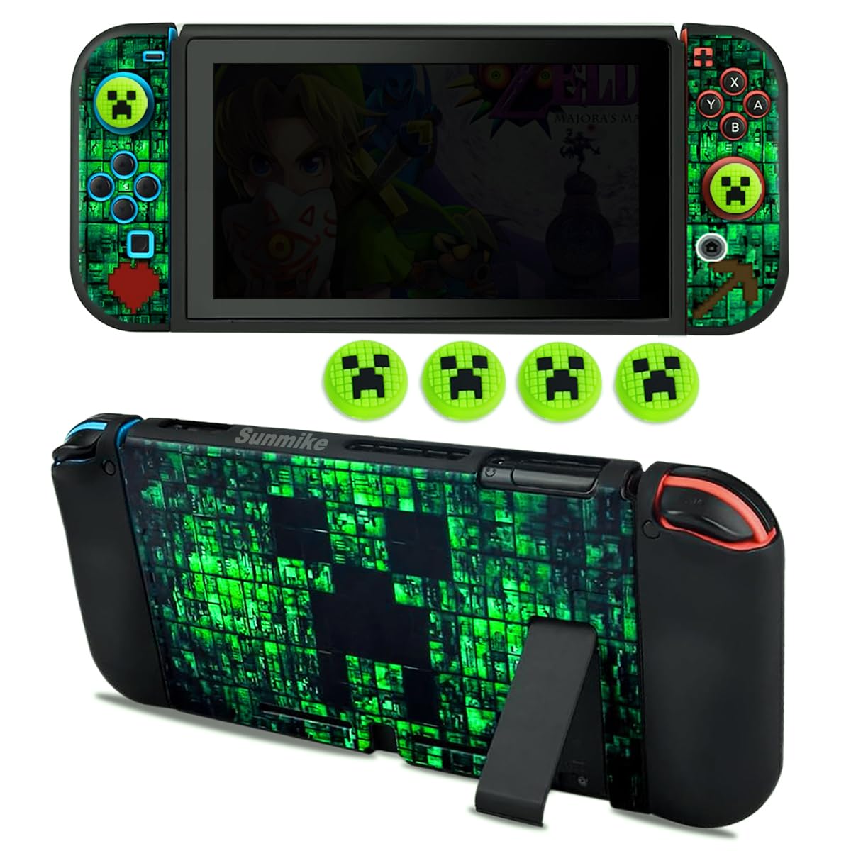 Protective Case for Nintendo Switch, Switch Case & Thumb Grips Caps Soft Dockable Cases for Nintendo Switch Cases with Shock-Absorbent & Anti-Scratch Switch Cover Slim Shell with 4 Pcs Joystick Cover Green