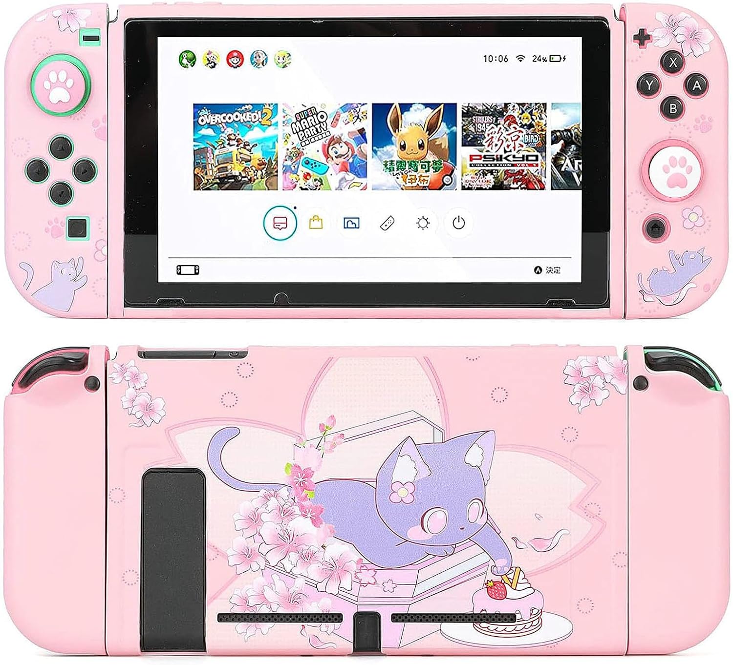 GamePals Cute Protective Shell for Switch, Soft Dockable Case for Nintendo Switch Console and Joycon with 2 Thumb Grips, Anti-Scratch Slim Cover, Sakura Cat (Pink)