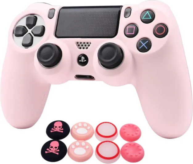 Pink Controller Skins for PS4, Silicone Controller Cover Skin Protector Compatible with PS4 Slim/PS4 Pro Controller (Pink Pro Thumb Grip x 6,Skull Cap Grip x 2)(Camouflage +White PurePink