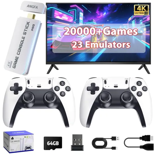 Wireless Retro Game Console Built-in 20000+ Games and 23 Emulators, 2025 New Plug & Play Retro Gaming Console with 4K Output & Dual 2.4G Controllers, Nostalgic Game Stick (62GB)