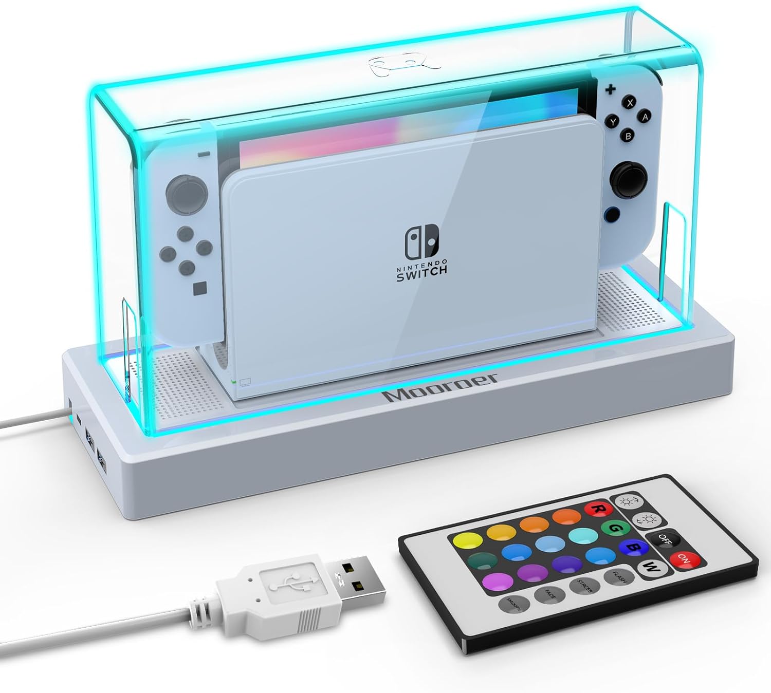 Dust Cover with 16 LED Colors Light Base for Nintendo Switch/OLED, Acrylic Clear Display Box Anti-Scratch Waterproof Slim Dock Case, Cool Switch Accessories