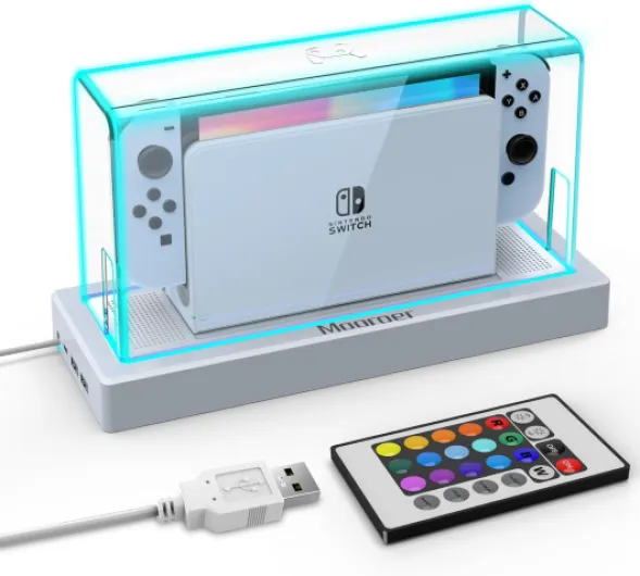 Dust Cover with 16 LED Colors Light Base for Nintendo Switch/OLED, Acrylic Clear Display Box Anti-Scratch Waterproof Slim Dock Case, Cool Switch Accessories