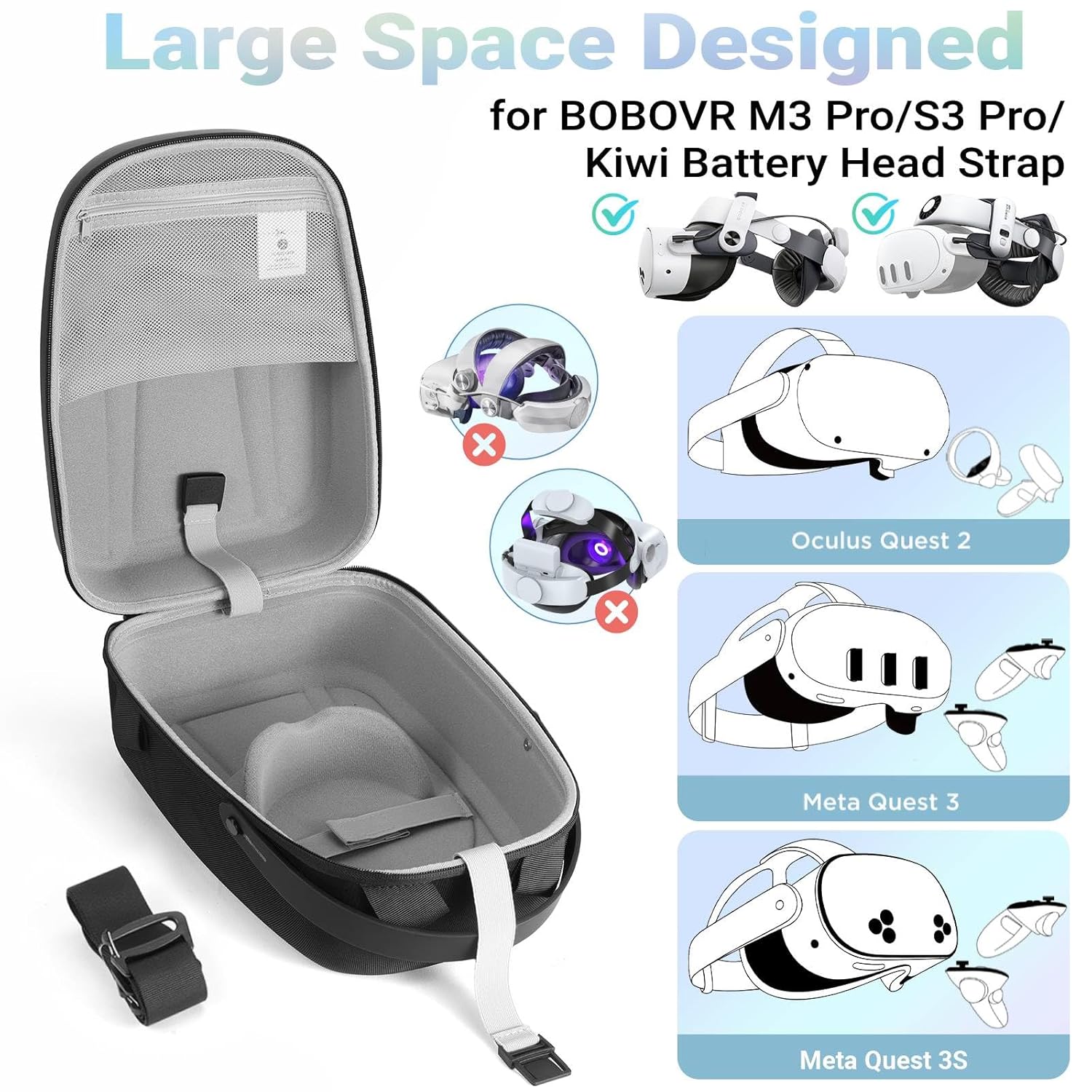 Hard Carrying Case for Meta Quest 3/3S/Oculus Quest 2, Large Space Compatible with BOBOVR S3 Pro/M3 Pro/Kiwi Design Battery Head Strap and All Accessories, Ideal for Travel and Home Storage Black L/For 3rd Head Strap