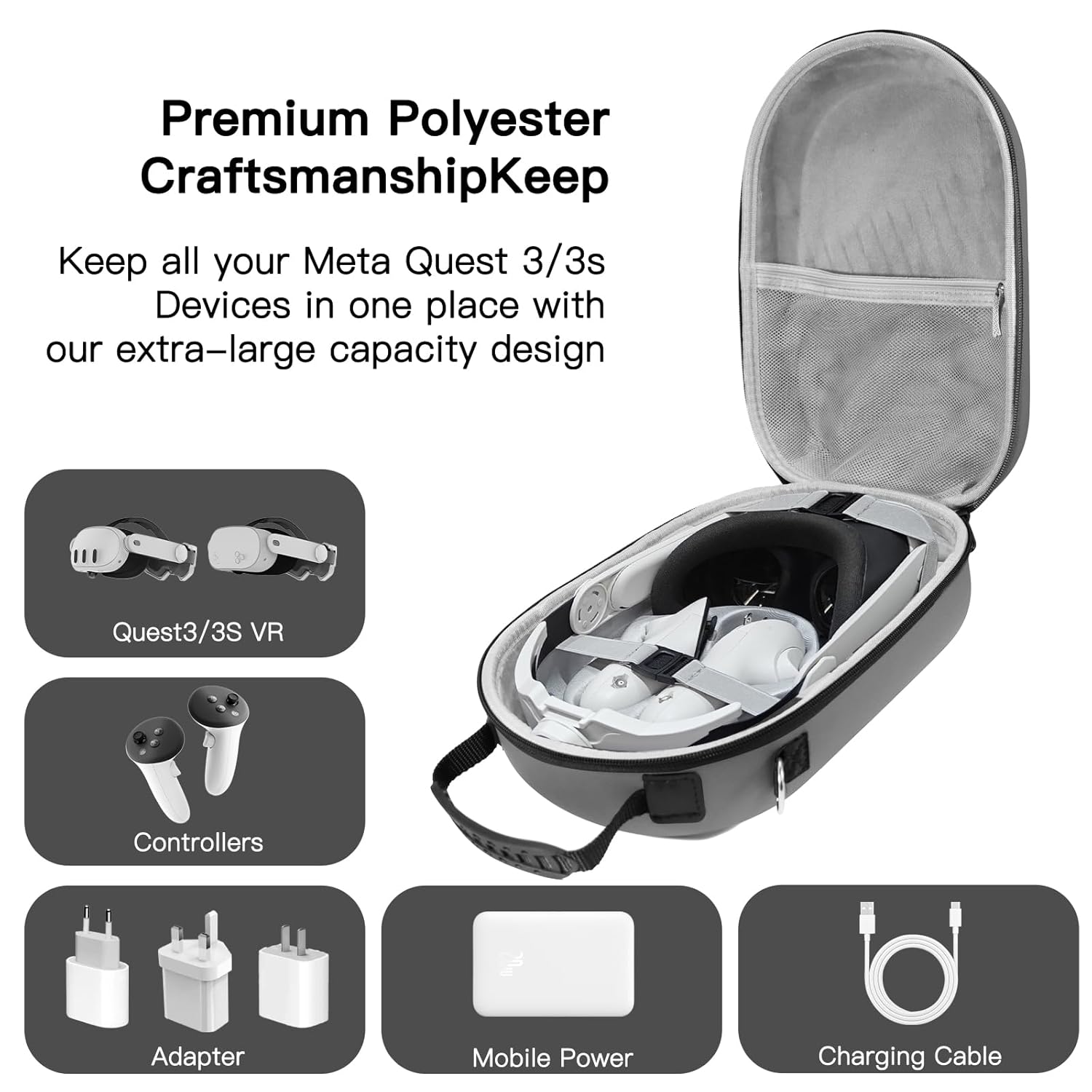 Bibuks Hard Carrying Case Compatible with Oculus Meta Quest 3/3S,VR Headset Elite Strap and Touch Controller Accessories Carry Case,Hard Shell Travel Storage Bag (Grey)