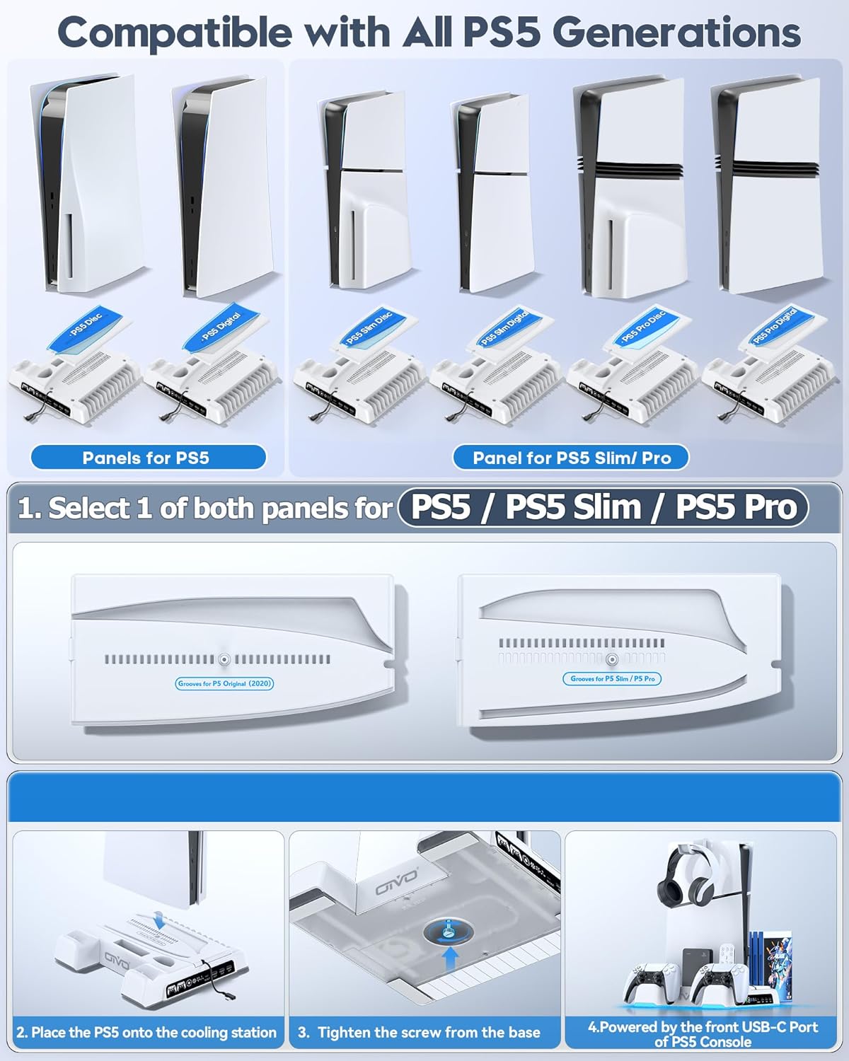 PS5/Slim/Pro Stand and Cooling Station with LED Controller Charging Station for PlayStation 5 Console, Controller Charger, Cooling Stand, PS5/Slim/Pro Accessories Kit with 3 Level Cooler Fan White
