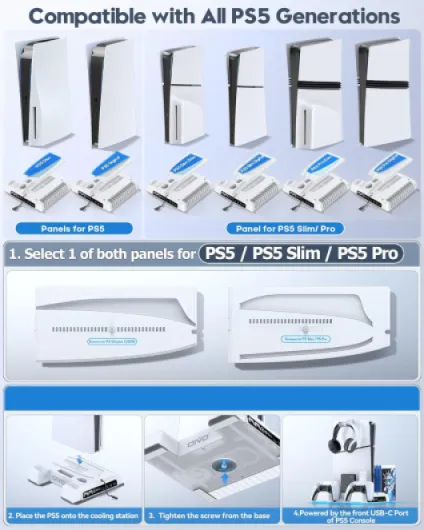 PS5/Slim/Pro Stand and Cooling Station with LED Controller Charging Station for PlayStation 5 Console, Controller Charger, Cooling Stand, PS5/Slim/Pro Accessories Kit with 3 Level Cooler Fan White