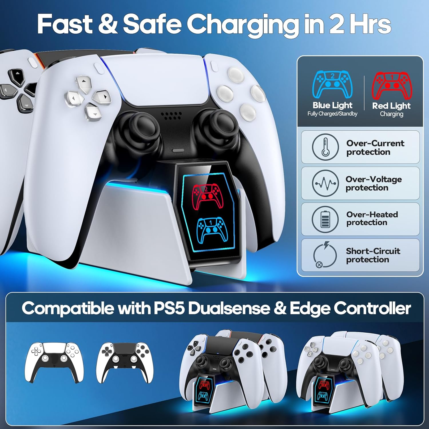 PS5 Controller Charger Station - Compatible with Playstation 5 Edge & Dual Controller Gaming, Games Charging Station with Cable, PlayStation Games Dock Stand for with LED Indicators, White