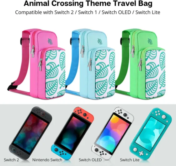 TNP Switch Bag, Travel Bag Compatible with Nintendo Switch & Switch Lite - Shoulder Bag Travel Case Cute Portable Carrying Backpack for Animal Crossing Games Accessories Console & Dock Charger Shoulder Bag Green