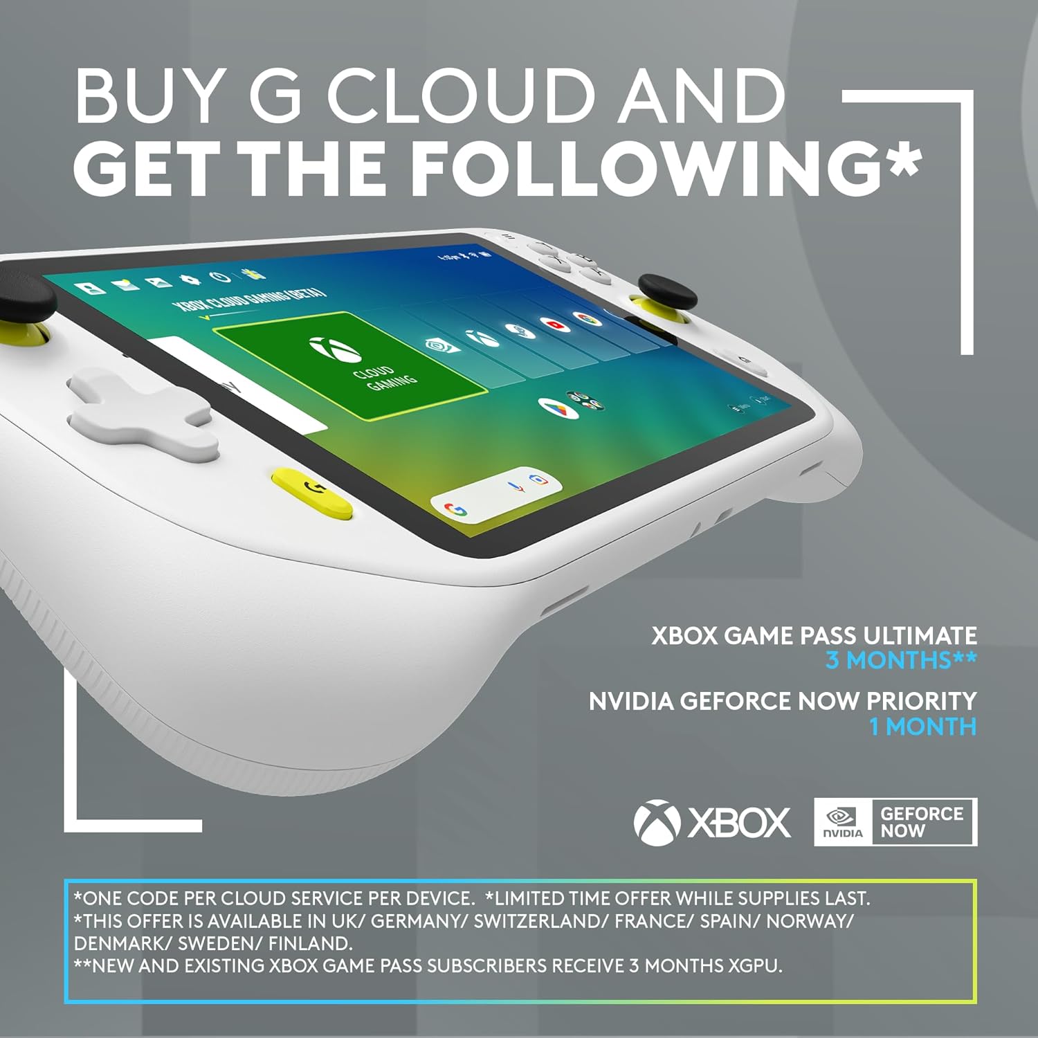 Cloud Gaming Handheld, Portable Gaming Console with Long Battery Life, 1080P 7-Inch Touchscreen, Lightweight Design, Xbox Cloud Gaming, NVIDIA GeForce NOW, Google Play - UK plug - White